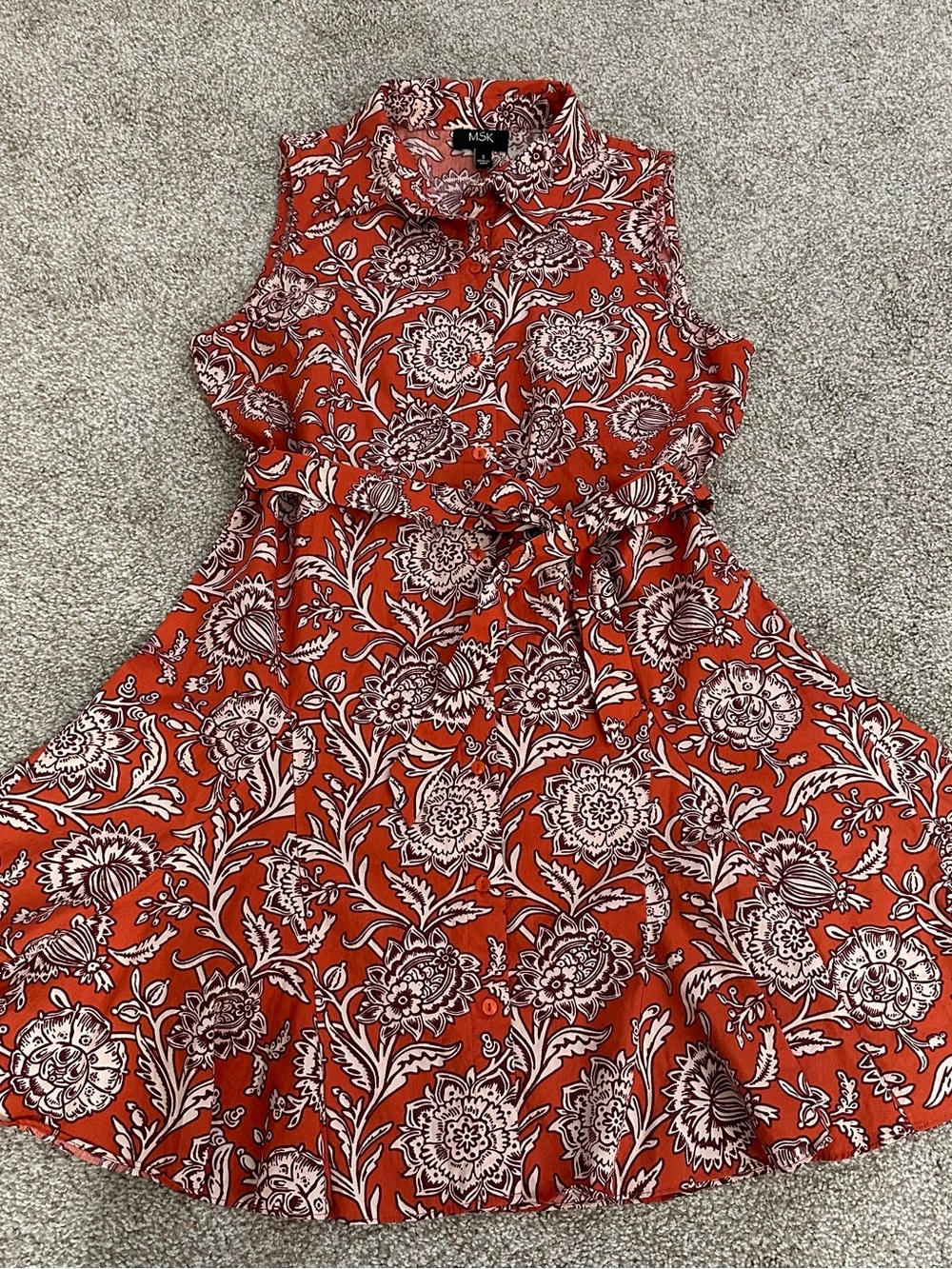 MSK Red White Floral 100% Cotton Shirt Dress Tie Belt Button Front